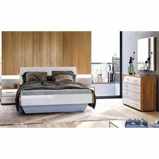 Dormitor Nicky, Set Complet Cu Pat 160x200, Dulap 6 Uși, Comodă Și Noptiere, PAL, Stejar-Alb picture - 3