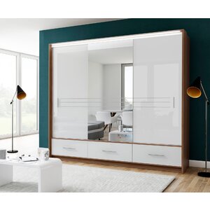 Dulap Amsterdam cu oglindă, uși glisante + iluminare LED, PAL melaminat, 250x61x225 cm, alb