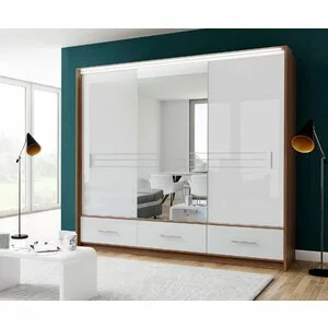 Dulap Amsterdam cu oglindă, uși glisante + iluminare LED, PAL melaminat, 250x61x225 cm, alb