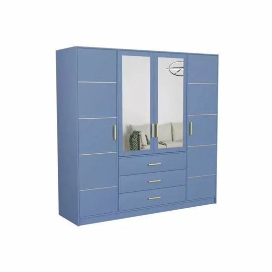 Dulap Bali 2D4 cu oglindă, bară haine, 4 sertare, PAL laminat, 196x58x200 cm, albastru picture - 2