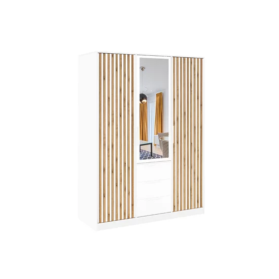 Dulap Bali D3 LUX, uși glisante cu oglindă, 3 sertare spațioase, PAL melaminat, 147x58x200 cm, Alb picture - 2