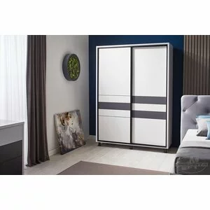 Dulap Cristal cu uși culisante, bară pentru umerașe și sertare, PAL melaminat, 120 cm, alb-grafit