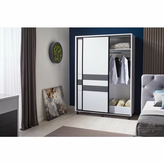 Dulap Cristal cu uși culisante, bară pentru umerașe și sertare, PAL melaminat, 160 cm, alb-grafit picture - 3
