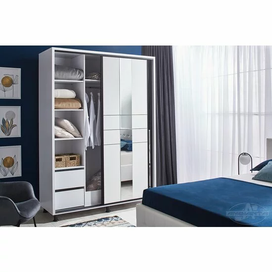 Dulap Rio, alb - 140/224 cm, cu uși glisante, oglindă mare și picioare metalice, PAL melaminat picture - 3