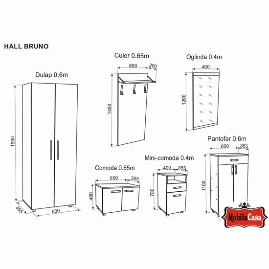 Hol Bruno, Bardolino - 2.25 m, modular cu dulap, cuier si pantofar, PAL picture - 3