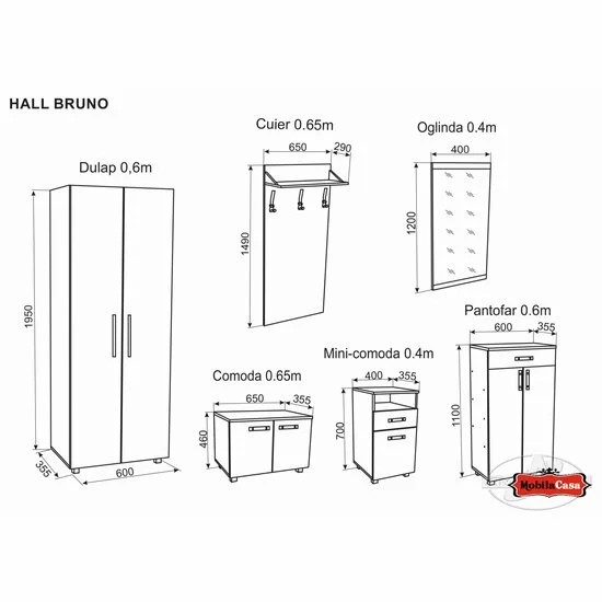 Hol Bruno, Grafit - 2.25 m, modular cu dulap, cuier si pantofar, PAL picture - 2