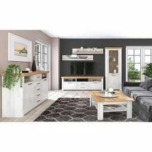Living Sudbury, Set Mobilier Modern, PAL Melaminat, Alb cu Accente Lemn