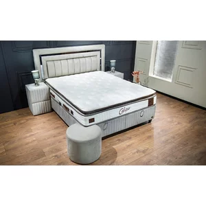 Pat Calipso, cu ladă pentru lenjerie și tăblie înaltă, tapițat cu stofă, 160x200 cm, bej