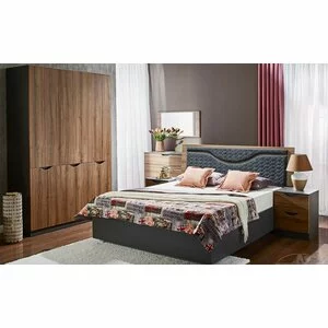 Pat Happy cu spațiu de depozitare, tapițat cu stofă, PAL și MDF, 160x200 cm, nuc