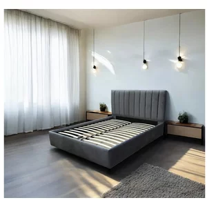 Pat Nisa, tăblie capitonată, ladă depozitare, tapițerie stofă premium, 140x200 cm, Gri Închis