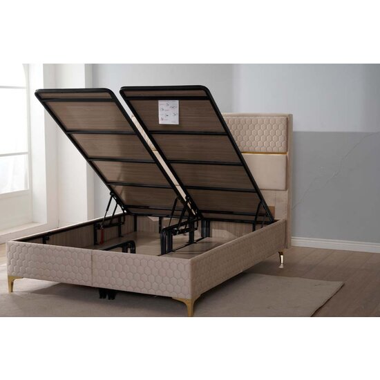 Pat Peter, tăblie capitonată, opțional cu LED, spațiu depozitare integrat, tapițerie stofă premium, 160x200 cm, Crem picture - 2