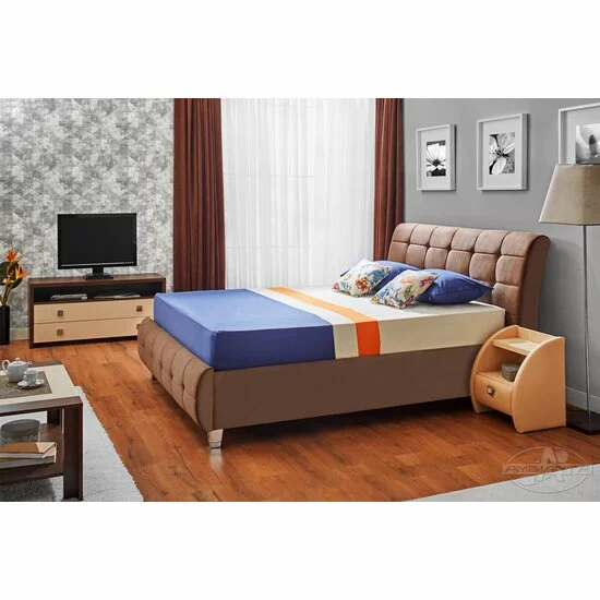 Pat Samba cu somieră rabatabilă, ladă de depozitare, spătar tapițat cu stofă plușată, PAL melaminat, 140x200 cm, maro picture - 2