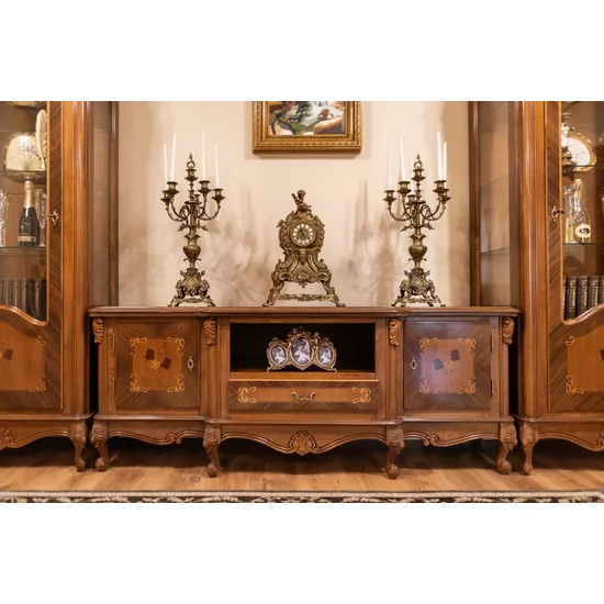 Set comodă și 2 vitrine Plasma Milly din lemn masiv fag, panel și MDF, furniruit cu furnir de nuc, 176x47,5x67,3 cm picture - 4