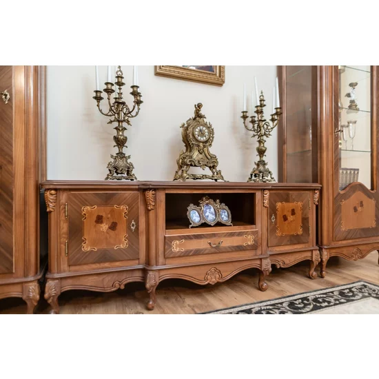 Set comodă și 2 vitrine Plasma Milly din lemn masiv fag, panel și MDF, furniruit cu furnir de nuc, 176x47,5x67,3 cm picture - 3