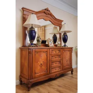 Bufet 4 uși Principesa, design clasic sculptat manual, lemn masiv paltin + MDF furniruit, 231x54x90 cm, nuc
