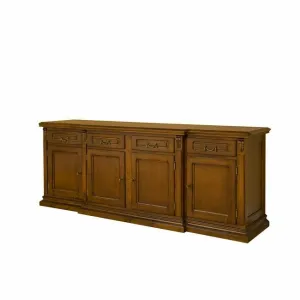 Bufet 4 Uși Diana, capacitate mare, masiv fag + panel + MDF furniruit nuc, 240x58x86 h cm, finisaj la alegere