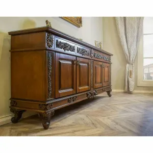 Bufet 4 Uși Vicky, design elegant, masiv fag + panel + MDF furniruit nuc, 180x49x65 h cm, finisaj la alegere