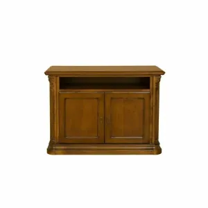 Comodă TV Sonia din lemn masiv fag, panel și MDF, furniruită cu furnir de nuc, 117,5x51,3x83,5 cm