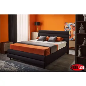 Dormitor Kosmo Negru, set modular modern, pat tapițat, dulap colț cu polite și bară, PAL melaminat