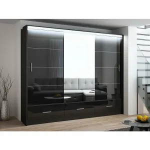 Dulap Marsylia dulap cu usi culisante din pal melaminat cu feronerie de calitate și compartimentare practică cu finisaj lucios, 255x61x225 cm, negru lucios