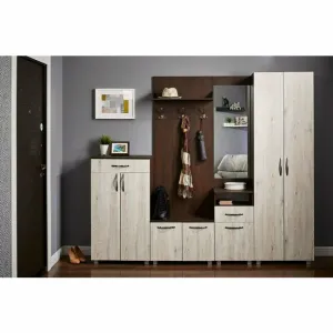 Hol Bruno, Sonoma inchis - 2.25 m, modular cu dulap, cuier si pantofar, PAL