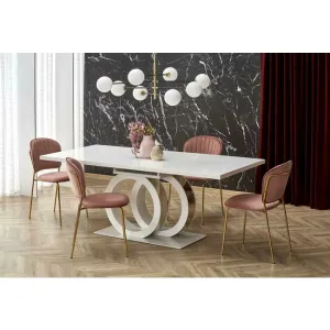 Masă extensibilă Galardo, blat MDF lăcuit, picioare oțel inoxidabil, 160-200x90x76 cm, alb/gold