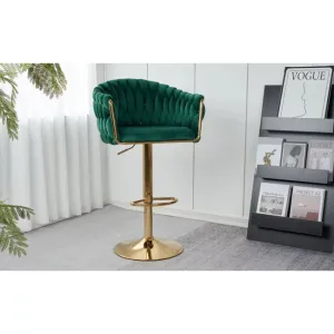 Scaun bar Pretty, tapițerie catifea luxoasă, reglaj înălțime, bază metalică aurie, 45x49x103 cm, Verde