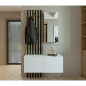 Set Cuier Rebeca, design modern cu riflaj decorativ, spații multiple de depozitare, PAL melaminat, 101x37x200 cm, Alb cu Stejar