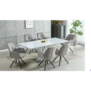 Set masă extensibilă Angola cu 6 scaune, MDF și metal, 160/200x90x76 cm, alb lucios, tapițerie gri