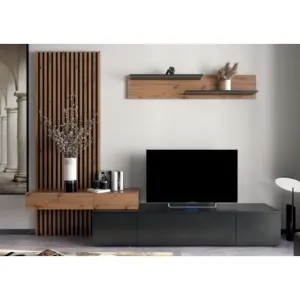 Set mobilă living Rebeca Plus cu riflaj, 250x43x200 cm, PAL 16 mm, stejar alb, stil modern