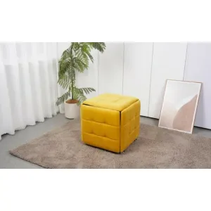 Set tabureți Cube, 5 piese multifuncționale cu spațiu de depozitare, structură metalică, 47x47x47 cm, galben