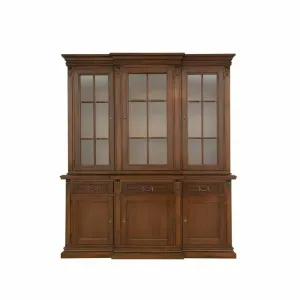 Bufet Vitrină 3 Uși Diana, fronturi cu sticlă, masiv fag + panel + MDF furniruit nuc, 188x58x140 h cm, finisaj la alegere