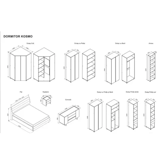 Dormitor Kosmo Catania-Fungo(gri), set modular, pat tapițat, dulap colț, spații depozitare, PAL melaminat picture - 6