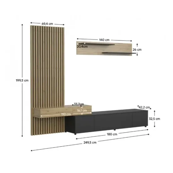 Set mobilă living Rebeca Plus cu riflaj, 250x43x200 cm, PAL 16 mm, stejar alb, stil modern picture - 7