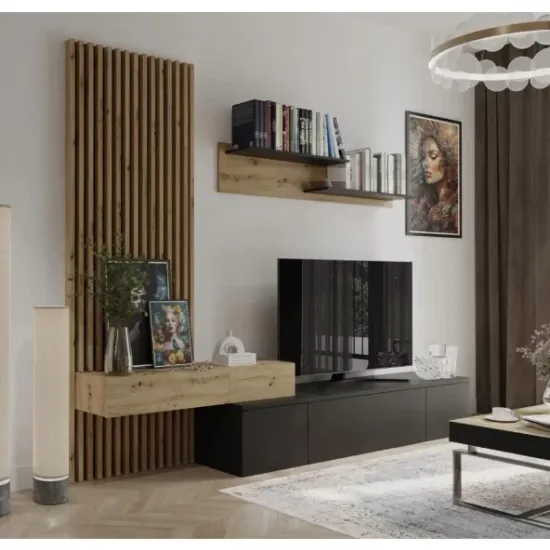 Set mobilă living Rebeca Plus cu riflaj, 250x43x200 cm, PAL 16 mm, stejar alb, stil modern picture - 8