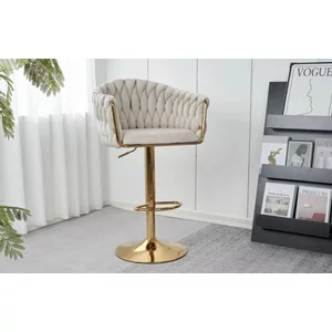 Scaun bar Pretty, tapițerie catifea luxoasă, reglaj înălțime, bază metalică aurie, 45x49x103 cm, Bej