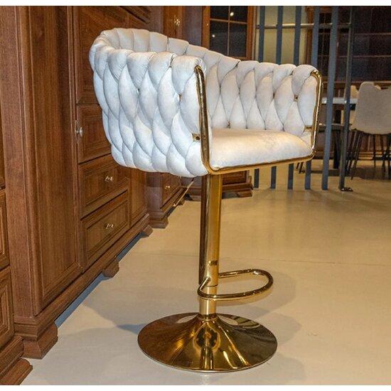 Scaun bar Pretty, tapițerie catifea luxoasă, reglaj înălțime, bază metalică aurie, 45x49x103 cm, Bej picture - 4