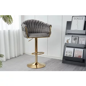 Scaun bar Pretty, tapițerie catifea luxoasă, reglaj înălțime, bază metalică aurie, 45x49x103 cm, Gri