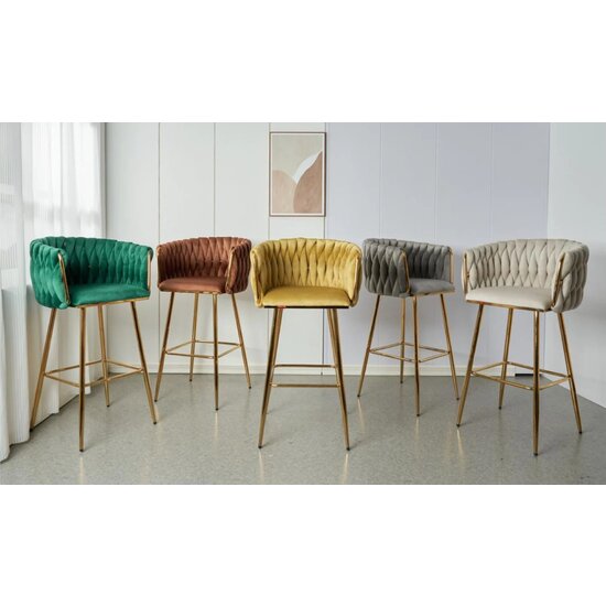 Scaun bar Sun, design rafinat, tapițerie catifea premium, picioare metalice aurii, 53x55x102 cm, Maro picture - 5