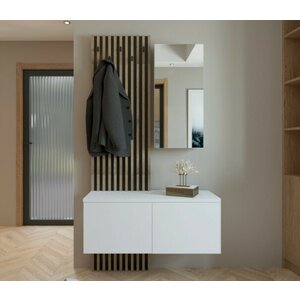 Set Cuier Rebeca 100x40x200 cm Alb cu riflaj Stejar