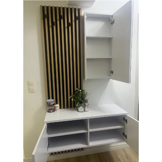 Set Cuier Rebeca, design modern cu riflaj decorativ, spații multiple de depozitare, PAL melaminat, 100x40x200 cm, Alb cu Stejar picture - 3