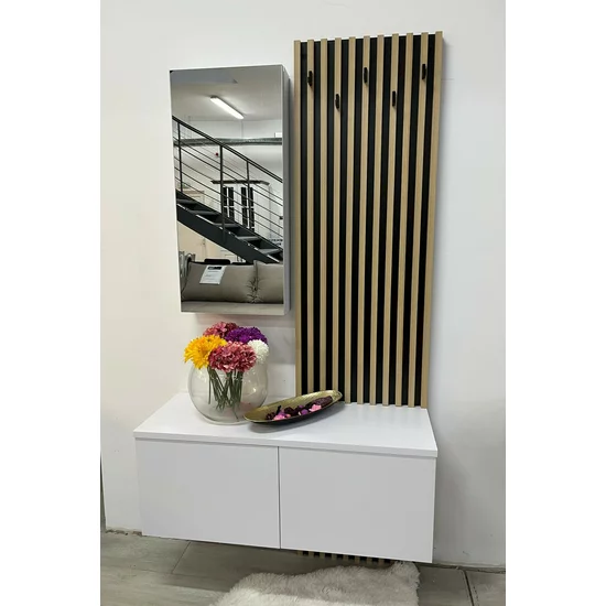 Set Cuier Rebeca, design modern cu riflaj decorativ, spații multiple de depozitare, PAL melaminat, 101x37x200 cm, Alb cu Stejar picture - 5