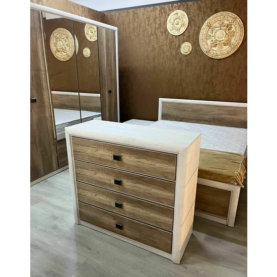 Set Dormitor Koen II, mobilier modular complet, pat 160x200 cm, dulap 4 uși, comodă și noptiere, MDF + PAL, Pin Arizona/Stejar Nava picture - 6