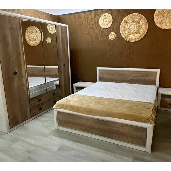 Set Dormitor Koen II, mobilier modular complet, pat 160x200 cm, dulap 4 uși, comodă și noptiere, MDF + PAL, Pin Arizona/Stejar Nava picture - 7