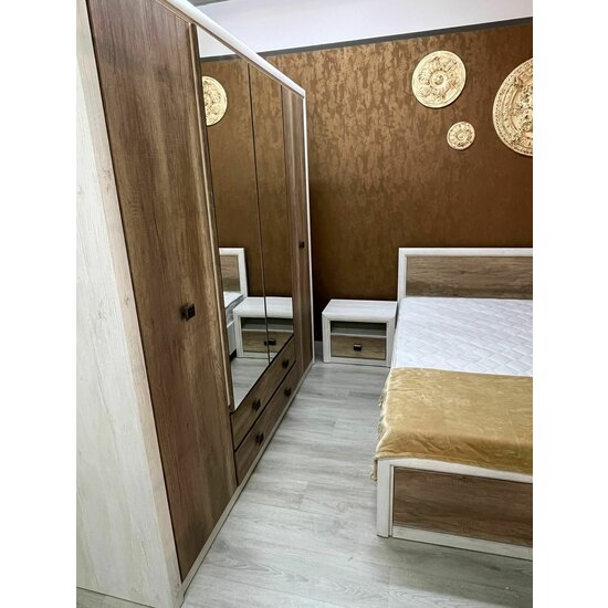 Set Dormitor Koen II, mobilier modular complet, pat 160x200 cm, dulap 4 uși, comodă și noptiere, MDF + PAL, Pin Arizona/Stejar Nava picture - 8