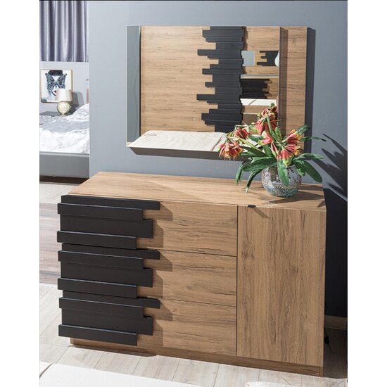 Set dormitor Mozart, dulap 2 uși glisante, design modern, comoda cu oglindă, PAL melaminat, pat 160 cm, Stejar Natural picture - 10