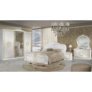 Set dormitor Vilma Bianco Gold, colecție completă cu detalii aurii, comoda cu oglindă, dulap spațios, PAL melaminat, pat 160 cm, Alb/Auriu
