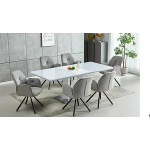 Set masă extensibilă Angola cu 6 scaune, MDF și metal, 160/200x90x76 cm, alb lucios, tapițerie gri