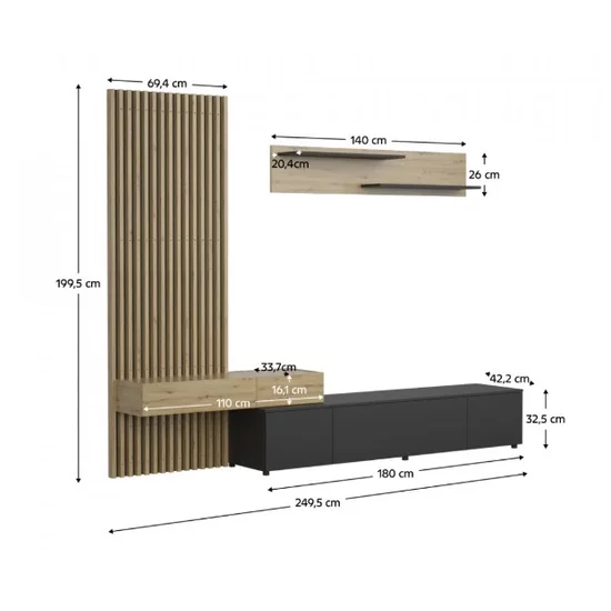 Set mobilă living Rebeca Plus cu riflaj, 250x43x200 cm, PAL 16 mm, stejar alb, stil modern picture - 7