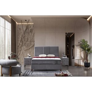 Set Pat Tapițat Bella + Saltea, ladă depozitare, tapițerie catifea premium, structură metal + PAL, 160x200 cm, Gri